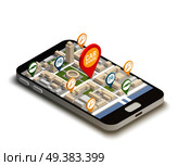 Find car online abstract composition with  mobile smartphone web application used for carsharing carpooling ridesharing isometric vector illustration. Find Car Online Abstract Composition . Стоковая иллюстрация, агентство Ingram Publishing / Фотобанк Лори