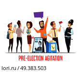 Pre-election canvassing campaigning with candidates talking to people political cartoon composition with ballot box vector illustration . Politics Pre-Election Cartoon Composition . Стоковая иллюстрация, агентство Ingram Publishing / Фотобанк Лори