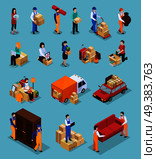 Relocation service isometric icons with clients and loaders, packages, furniture, vehicles isolated on blue background vector illustration. Relocation Service Isometric Icons. Стоковая иллюстрация, агентство Ingram Publishing / Фотобанк Лори