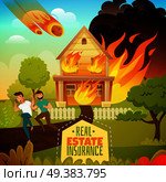Natural disaster real estate insurance poster with running persons from burning house, falling of meteorite vector illustration. Natural Disaster Illustration. Стоковая иллюстрация, агентство Ingram Publishing / Фотобанк Лори