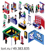 Isometric expo stand trade show exhibition set of isolated exhibit racks stands booth elements and people vector illustration. Expo Show Elements Collection. Стоковая иллюстрация, агентство Ingram Publishing / Фотобанк Лори