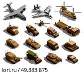 Army transport isometric icons collection with cargo aircraft helicopter fleet fighter tanks military vehicles isolated vector illustration    . Military Transport Isometric Icons Set . Стоковая иллюстрация, агентство Ingram Publishing / Фотобанк Лори