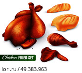 Fried chicken set with hen leg and wing, fillet, carcass with spices, 3d design isolated vector illustration. Fried Chicken Set. Стоковая иллюстрация, агентство Ingram Publishing / Фотобанк Лори