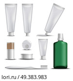 Realistic products for teeth care set of icons with toothbrush, dentifrices, floss, toothpicks, mouthwash isolated vector illustration . Realistic Products For Teeth Care . Стоковая иллюстрация, агентство Ingram Publishing / Фотобанк Лори