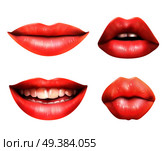 Mouth body language icons set with red lips closed turned up pursed and smiling realistic vector illustration.  Lips Reading 4 Realistic Images Set. Стоковая иллюстрация, агентство Ingram Publishing / Фотобанк Лори