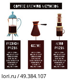Coffee brewing methods design concept with description of french press cezve devices flat vector illustration. Coffee Brewing Methods Design Concept. Стоковая иллюстрация, агентство Ingram Publishing / Фотобанк Лори