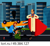 Superhero urban flat background with teenager after road accident as result of dashing drive cartoon vector illustration . Superhero Urban Flat Background . Стоковая иллюстрация, агентство Ingram Publishing / Фотобанк Лори