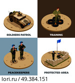 Army military service recruits training front line reinforcement peacekeepers patrol vehicle 4 isometric icons square vector illustration . Military Service 4 Isometric Icons . Стоковая иллюстрация, агентство Ingram Publishing / Фотобанк Лори