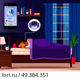 Correct sleeping cartoon composition with female human character and cartoon home scenery with smartphone application interface vector illustration. Sleeping Nice Flat Composition. Стоковая иллюстрация, агентство Ingram Publishing / Фотобанк Лори