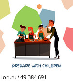 Kids culinary TV show with dishes and ingredients flat vector illustration. Kids Culinary Show . Стоковая иллюстрация, агентство Ingram Publishing / Фотобанк Лори