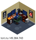 Internet threats isometric composition with anonymous hacker sitting at computer and activating virus attack vector illustration. Internet Threats Isometric Composition. Стоковая иллюстрация, агентство Ingram Publishing / Фотобанк Лори