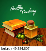 Healthy cooking background with two cookery books olive oil herbs and spices realistic vector illustration. Realistic Herbs And Spices Background. Стоковая иллюстрация, агентство Ingram Publishing / Фотобанк Лори