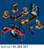 Industrial machines isometric composition of human guided operating console and set of electronic manipulators and conveyors vector illustration. Manufacturing Work Isometric Composition. Стоковая иллюстрация, агентство Ingram Publishing / Фотобанк Лори