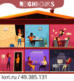 Neighbors living in multistoried city house and irritated because of noise and quarrel cartoon vector illustration. Neighbors Irritation Illustration. Стоковая иллюстрация, агентство Ingram Publishing / Фотобанк Лори