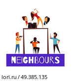 Neighbors design concept with angry man  exasperated at his neighbor with drill cartoon vector illustration. Neighbors Design Concept. Стоковая иллюстрация, агентство Ingram Publishing / Фотобанк Лори