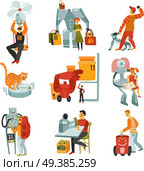 Robots androids set with technology symbols flat isolated vector illustration. Стоковая иллюстрация, агентство Ingram Publishing / Фотобанк Лори