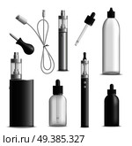 Vaping realistic set with isolated images of vaporizer devices vials for vape liquid and charging wire vector illustration. Vaping Essential Elements Set. Стоковая иллюстрация, агентство Ingram Publishing / Фотобанк Лори