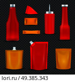 Sauce bottles dispensers squeeze pouch packages realistic red and yellow items black transparent background isolated vector illustration . Sauce Bottles Packages Transparent Background . Стоковая иллюстрация, агентство Ingram Publishing / Фотобанк Лори