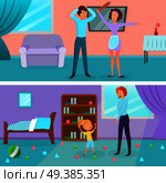 Angry characters 2 horizontal cartoon banners with domestic quarrel and child refusing to cleanup toys   vector illustration . Angry Characters Cartoon Banners Set . Стоковая иллюстрация, агентство Ingram Publishing / Фотобанк Лори