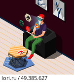 Man in vr headset in chair, icons set with computer game, internet, email isometric background vector illustration. VR Headset Isometric Background. Стоковая иллюстрация, агентство Ingram Publishing / Фотобанк Лори