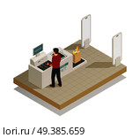 Fully self-service automatic secure checkout payment processing technology in grocery supermarket section isometric composition vector illustration   . Supermarket Shopping Technology Isometric Composition . Стоковая иллюстрация, агентство Ingram Publishing / Фотобанк Лори
