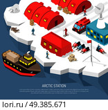 Arctic meteorological research polar station isometric poster with cargo ship arrival tracked vehicles snowmobiles helipad vector illustration . Arctic Polar Station Isometric Poster . Стоковая иллюстрация, агентство Ingram Publishing / Фотобанк Лори