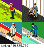 Domestic servant isometric design concept with gardener, personal chef, pool cleaner, nurse isolated vector illustration. Domestic Servant Isometric Design Concept. Стоковая иллюстрация, агентство Ingram Publishing / Фотобанк Лори