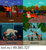 Zoo visitors 4 icons square concept with kids watching polar bear monkeys and tiger isolated vector illustration . Zoo Visitors Concept. Стоковая иллюстрация, агентство Ingram Publishing / Фотобанк Лори