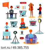 Bloggers flat characters collection with travel fashion culinary recipes how-to guides video news reporters vector illustration  . Bloggers Characters Flat Icons Set . Стоковая иллюстрация, агентство Ingram Publishing / Фотобанк Лори