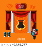 Orange theatre composition with theatre ticket and premiere descriptions and elements of attractions vector illustration. Orange Theatre Composition. Стоковая иллюстрация, агентство Ingram Publishing / Фотобанк Лори