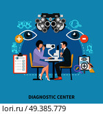 Ophthalmology diagnostic center flat poster with optometrist eye examination instruments treatments correctional lenses prescriptions background vector illustration . Oculist Diagnostic Center Poster . Стоковая иллюстрация, агентство Ingram Publishing / Фотобанк Лори