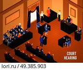 Court hearing with judge jury and witnesses 3d isometric vector illustration . Law Isometric Illustration. Стоковая иллюстрация, агентство Ingram Publishing / Фотобанк Лори