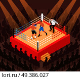 Referee and fighters during boxing match on ring and silhouettes of spectators isometric vector illustration. Boxing Isometric Illustration. Стоковая иллюстрация, агентство Ingram Publishing / Фотобанк Лори
