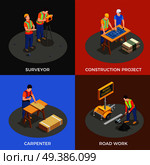 Builders isometric design concept with construction project surveyor and carpenter road works isolated vector illustration. Builders Isometric Design Concept. Стоковая иллюстрация, агентство Ingram Publishing / Фотобанк Лори
