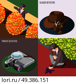 Classic and private detective 2x2 design concept with secret surveillance and murder investigation isometric compositions vector illustration. Classic Detective 2x2 Design Concept. Стоковая иллюстрация, агентство Ingram Publishing / Фотобанк Лори