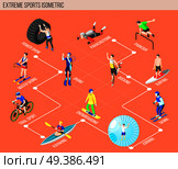 Extreme sports isometric flowchart with people involved in water skiing diving kayaking snowboarding surfing zorbing parkour parachuting bocking vector illustration. Extreme Sports Isometric Flowchart. Стоковая иллюстрация, агентство Ingram Publishing / Фотобанк Лори