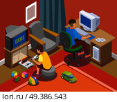 Retro gadgets isometric composition with teens near personal computer and with game console vector illustration  . Retro Gadgets Isometric Composition. Стоковая иллюстрация, агентство Ingram Publishing / Фотобанк Лори