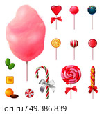 Sweets set of realistic icons with decorated lollipops, cotton candy on stick, colorful caramels isolated vector illustration. Sweets Realistic Icons Set. Стоковая иллюстрация, агентство Ingram Publishing / Фотобанк Лори