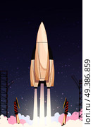 Space technology composition with ground takeoff of carrier rocket with vertical towers of the firing pad vector illustration. Rocket Missile Takeoff Composition. Стоковая иллюстрация, агентство Ingram Publishing / Фотобанк Лори