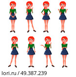 Set of emotions of red-haired girl full-length with blue eyes on white background. Woman dressed in green blouse and blue skirt. Vector illustration of woman expression flat design cartoon style.. Set of Emotions of Red-haired Girl Full-length. Стоковая иллюстрация, агентство Ingram Publishing / Фотобанк Лори