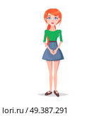 Obedient woman with docile posture isolated on white. Amenable redhead girl avatar userpic in flat style design. Vector illustration of biddable human in green blouse and skirt with hands together. Obedient Woman with Docile Posture Isolated Vector. Стоковая иллюстрация, агентство Ingram Publishing / Фотобанк Лори