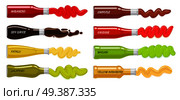 Set glass bottles with hot sauces. Sauce bottles with strips of spilled seasonings flat vector illustration isolated on white. National cuisines spicy ingredients collection for icons, logos and web  . Set of Glass Bottles with Hot Sauces Flat Vector. Стоковая иллюстрация, агентство Ingram Publishing / Фотобанк Лори