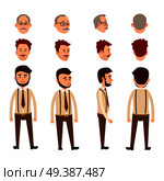Set of front, rear and side view of three men on white background. Two people shows only head with hair and mustache, but young boy with beard depicts in full-length. Vector illustration web banner.. Set of Front, Rear and Side View of Three Men. Стоковая иллюстрация, агентство Ingram Publishing / Фотобанк Лори