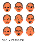 Old men face emotions collection on white. Vector banner of cheerful pensioner with grey hair and moustache, wearing dark rectangular glasses and showing happiness and sadness, or with angry face. Old Male People Face Emotions Collection on White. Стоковая иллюстрация, агентство Ingram Publishing / Фотобанк Лори