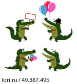 Crocodiles set isolated on white. Cartoon character with empty signboard, air balloons, with flowers in cute bow, and with wide opened mouth. Big reptiles vector illustration of friendly crocs. Crocodiles Set Isolated on White. Friendly Crocs. Стоковая иллюстрация, агентство Ingram Publishing / Фотобанк Лори