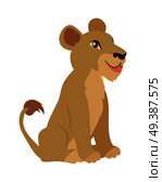 Cute lion cub cartoon character. Small lion baby flat vector isolated on white. African fauna. Smiling lion icon. Wild animal illustration for zoo ad, nature concept, children book illustrating. Lioness or Lion Cub Cartoon Icon in Flat Design. Стоковая иллюстрация, агентство Ingram Publishing / Фотобанк Лори