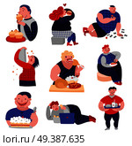 Gluttony over-consumption of food and drink flat icons collection with overweight eating people isolated vector illustration . Gluttony Habits lat Icons Set . Стоковая иллюстрация, агентство Ingram Publishing / Фотобанк Лори