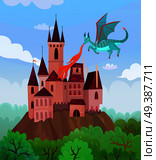 Fairy dragons composition with flat cartoon style images of flying fire-breathing dragon and castle landscape vector illustration. Flying Dragon Castle Composition. Стоковая иллюстрация, агентство Ingram Publishing / Фотобанк Лори