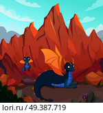 Fairy dragons composition with canyons landscape and cartoon characters of dragon family mother and kid vector illustation. Dragons Family Cartoon Composition. Стоковая иллюстрация, агентство Ingram Publishing / Фотобанк Лори
