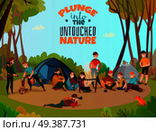 Camping people poster doodle style composition with group of human characters hanging out in the forest vector illustration. Outdoor Encampment Doodle Composition. Стоковая иллюстрация, агентство Ingram Publishing / Фотобанк Лори